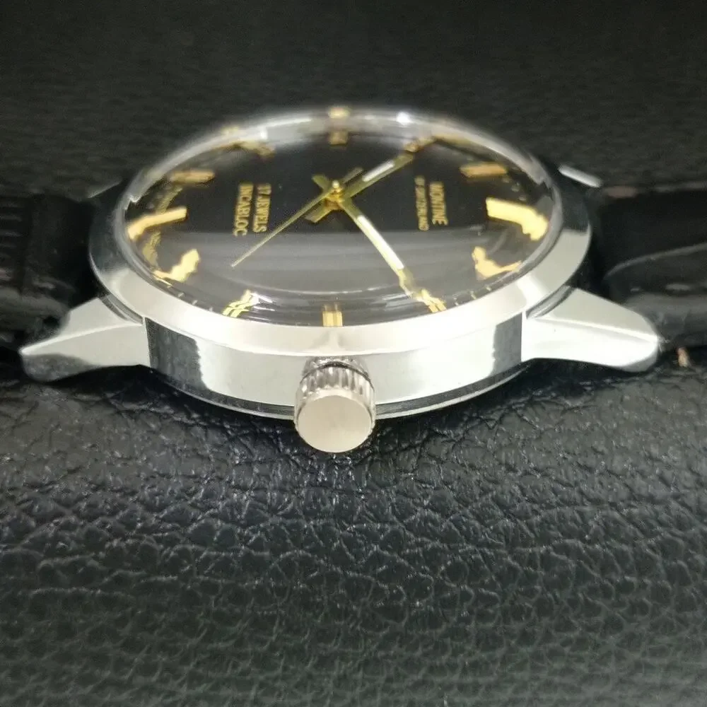 Vintage 1976 Montine Of Switzerland Manual Mens Silver Watch W/Leather Strap
